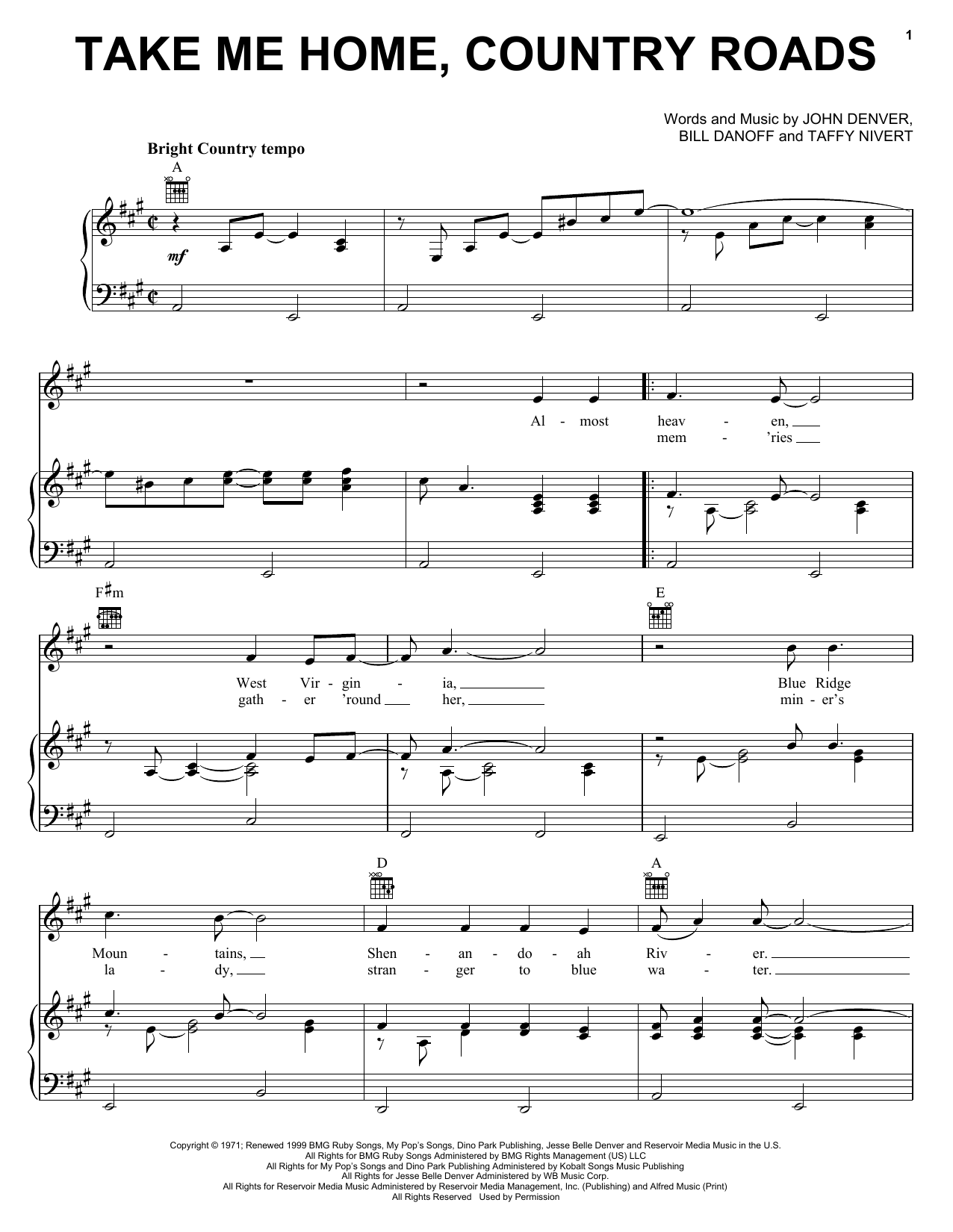 Take Me Home, Country Roads Sheet Music by John Denver for Piano/Vocal