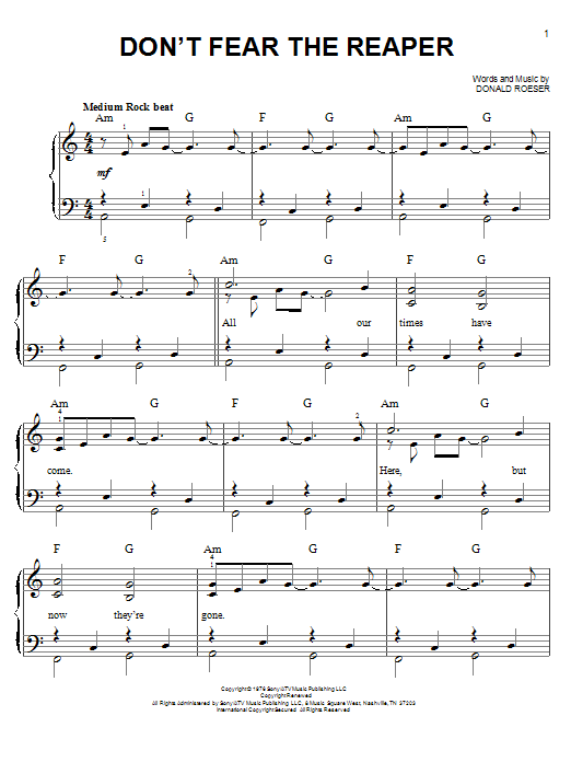 Don T Fear The Reaper Sheet Music By Blue Oyster Cult For Piano Keyboard And Voice Noteflight Marketplace