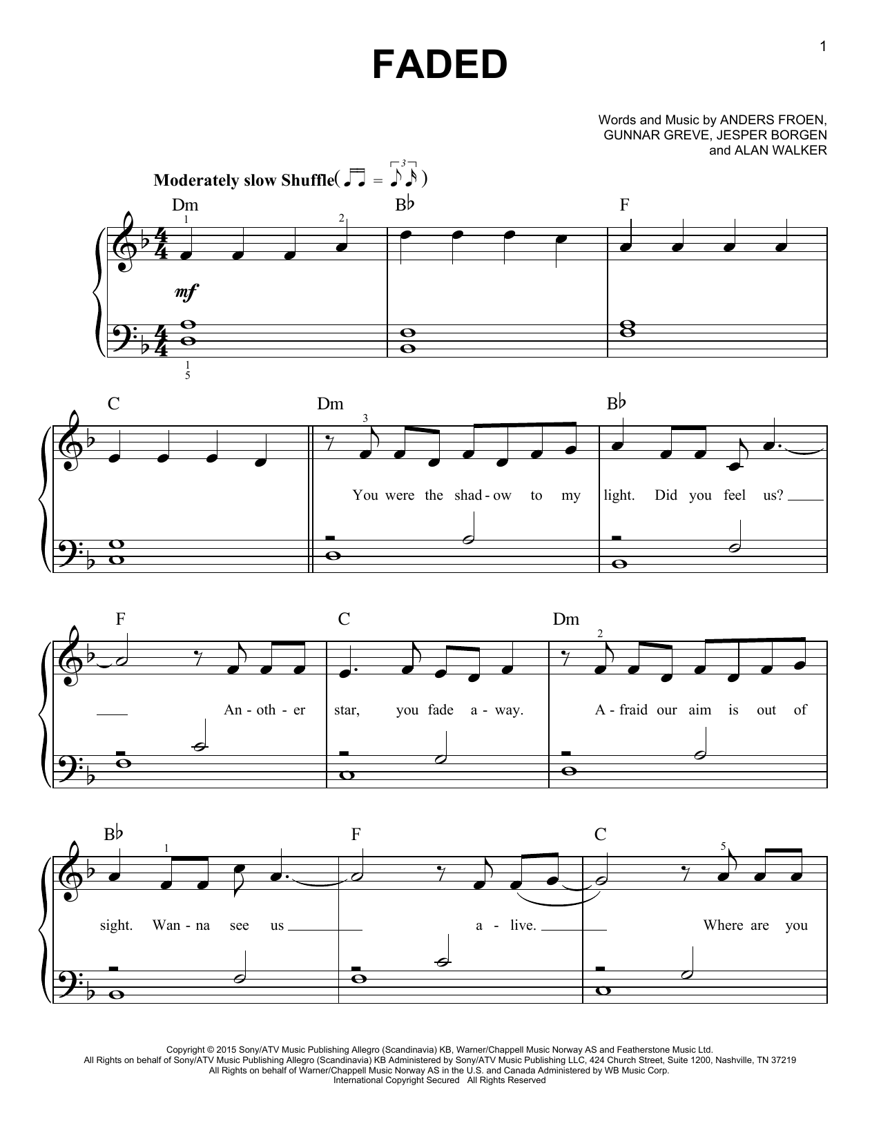 Faded Sheet Music By Alan Walker For Piano Keyboard Noteflight