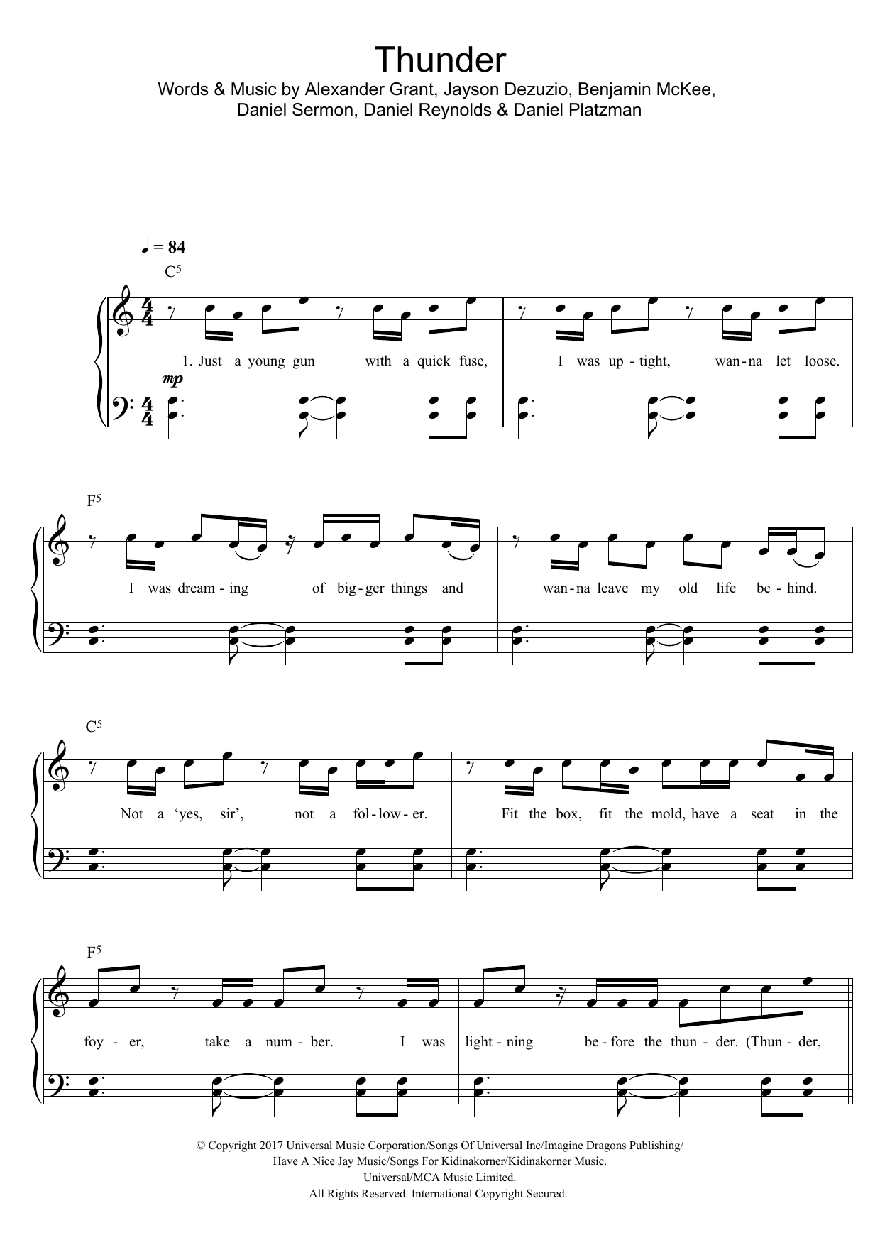 Thunder Sheet Music By Imagine Dragons For Piano Vocal Guitar