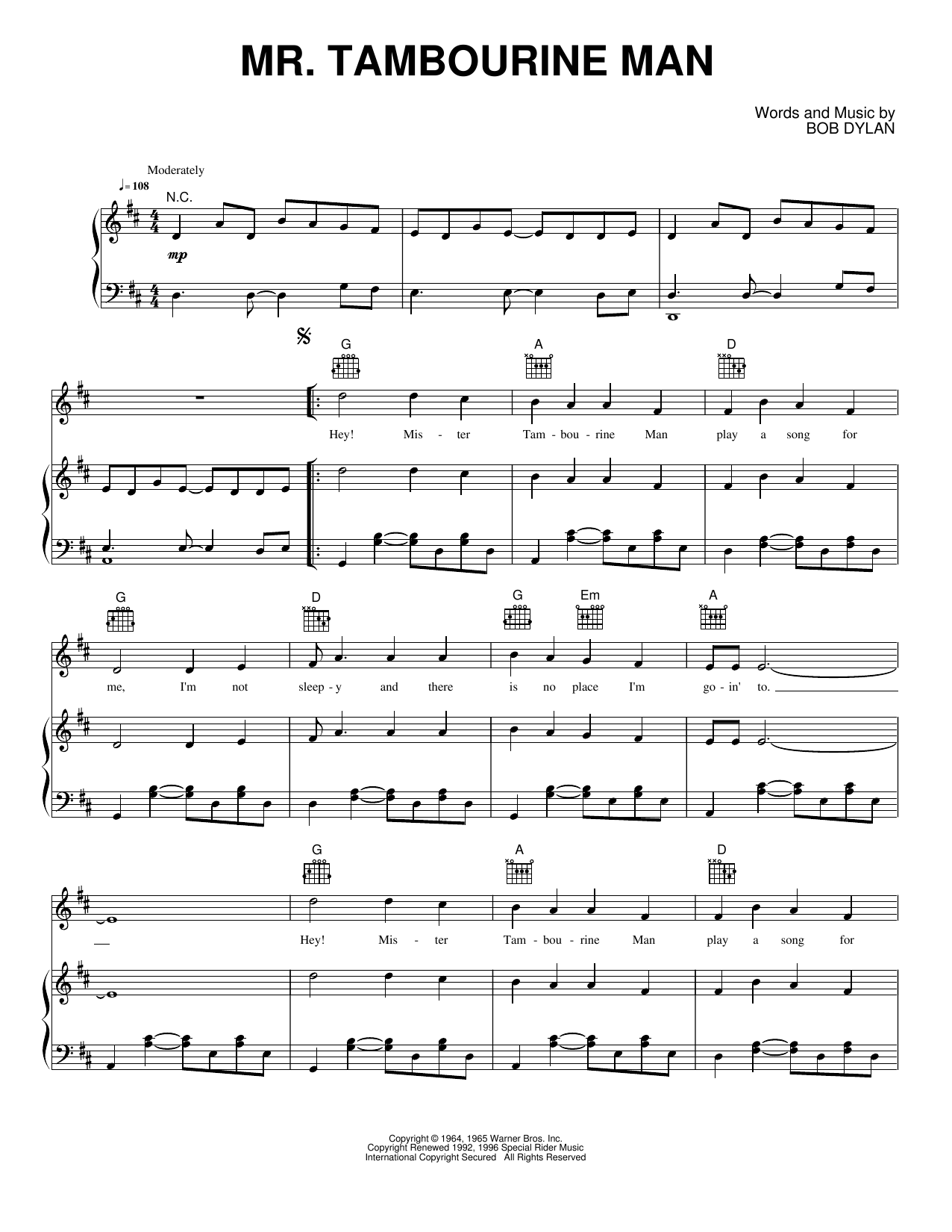 Mr Tambourine Man Sheet Music By Bob Dylan For Piano Keyboard And Voice Noteflight Marketplace