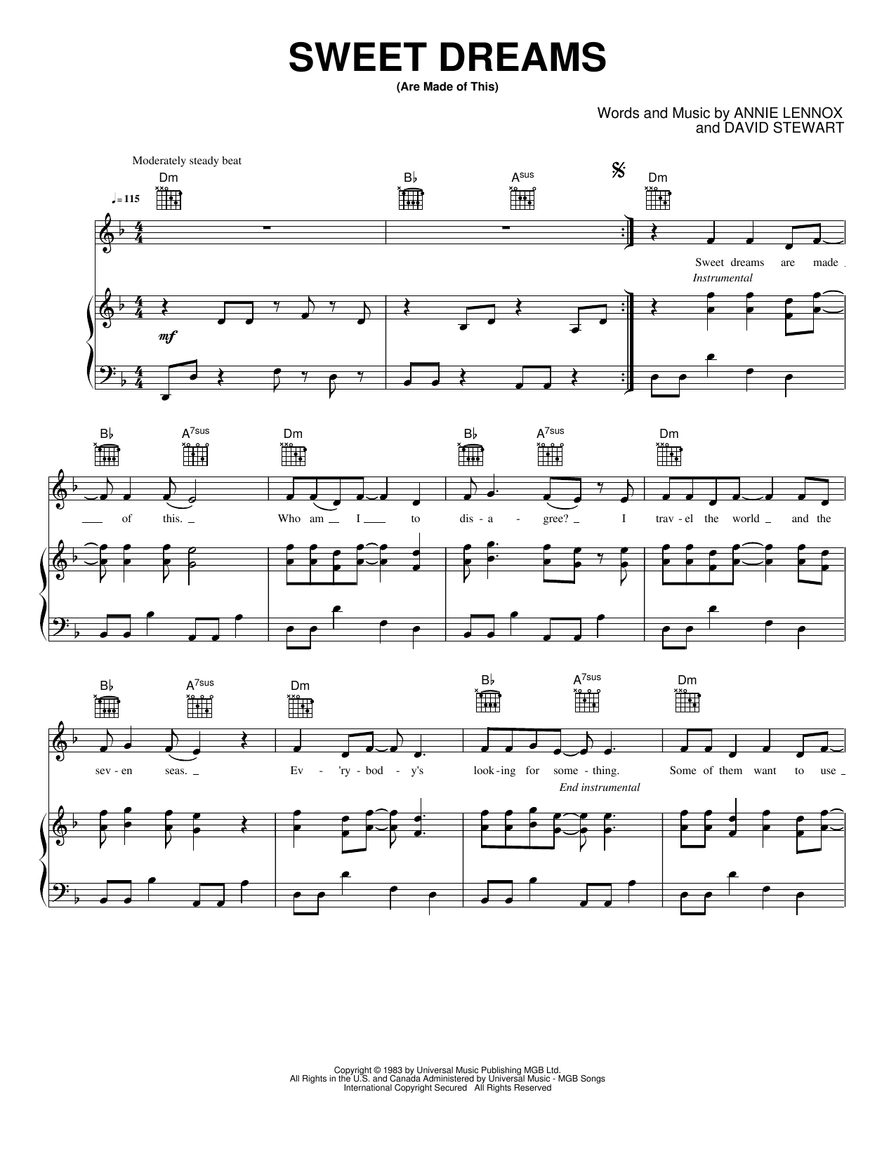 Síguenos raíz presente Sweet Dreams (Are Made of This) Sheet Music by Eurythmics for Piano/Keyboard  and Voice | Noteflight