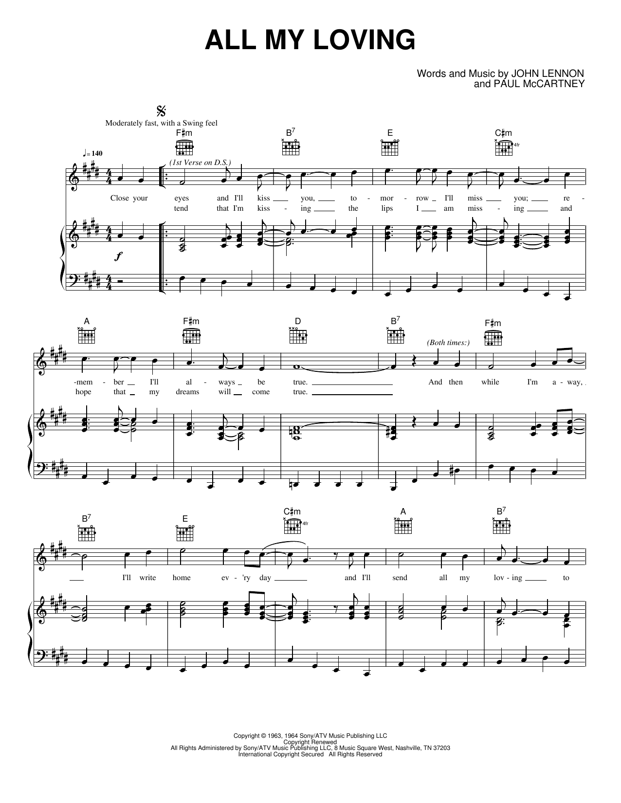 All My Loving Sheet Music By The Beatles For Piano Keyboard And Voice Noteflight Marketplace