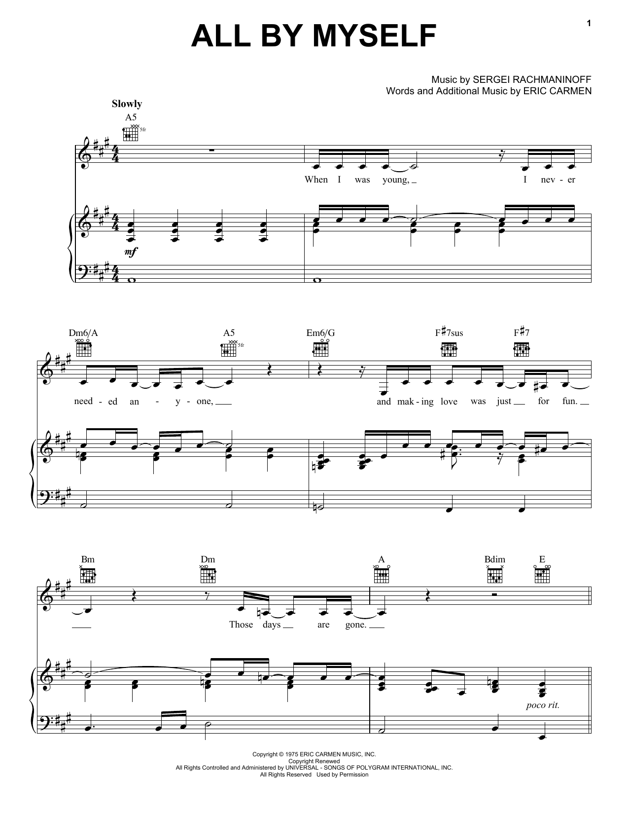 All By Myself Sheet Music By Eric Carmen For Piano Keyboard And Voice Noteflight Marketplace