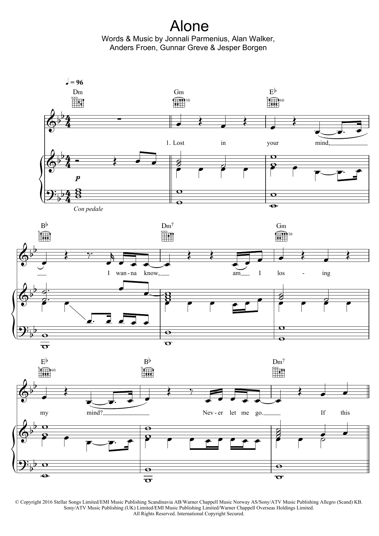 Alone Sheet Music By Alan Walker For Piano Vocal Guitar