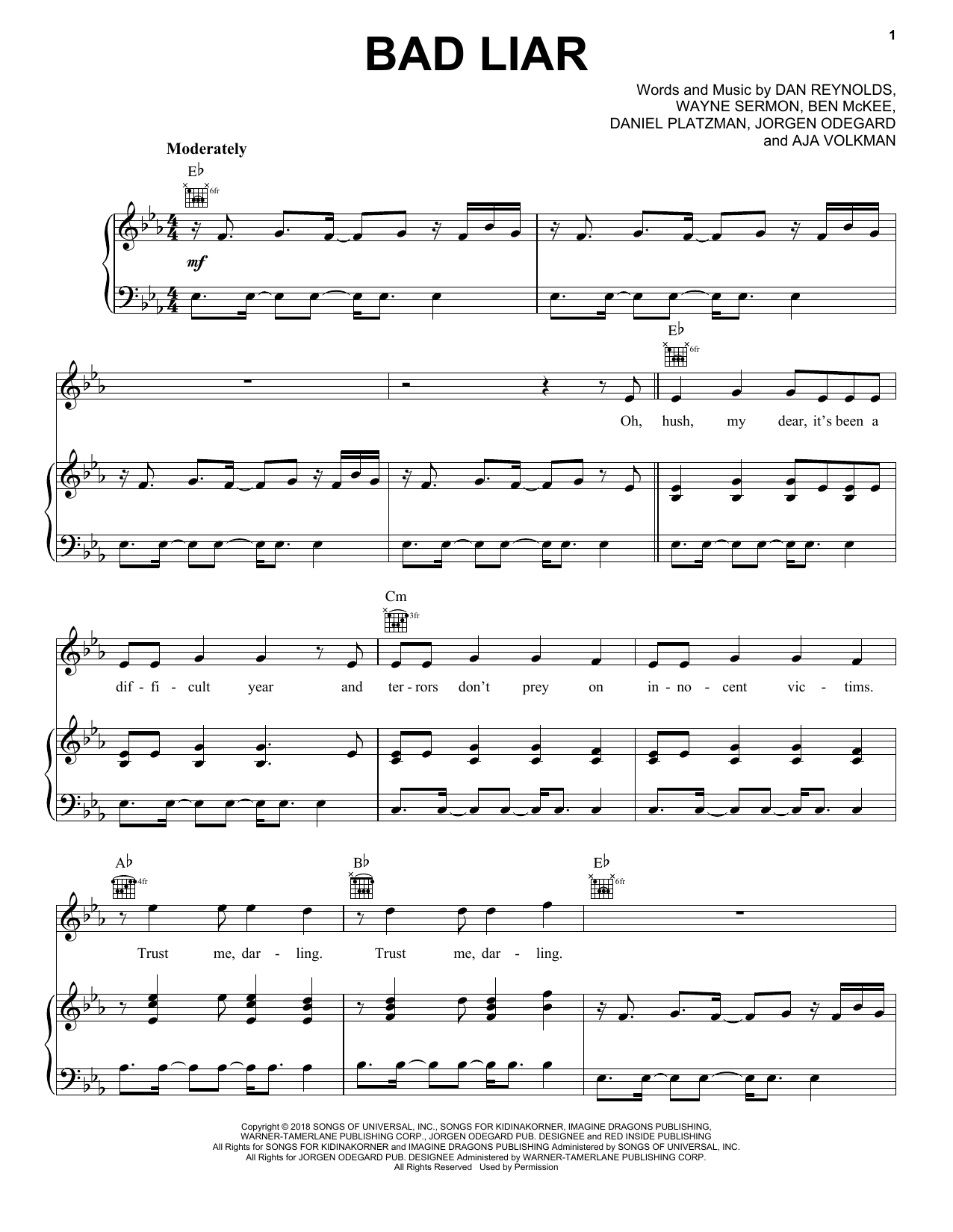Bad Liar Sheet Music By Imagine Dragons For Piano Keyboard And