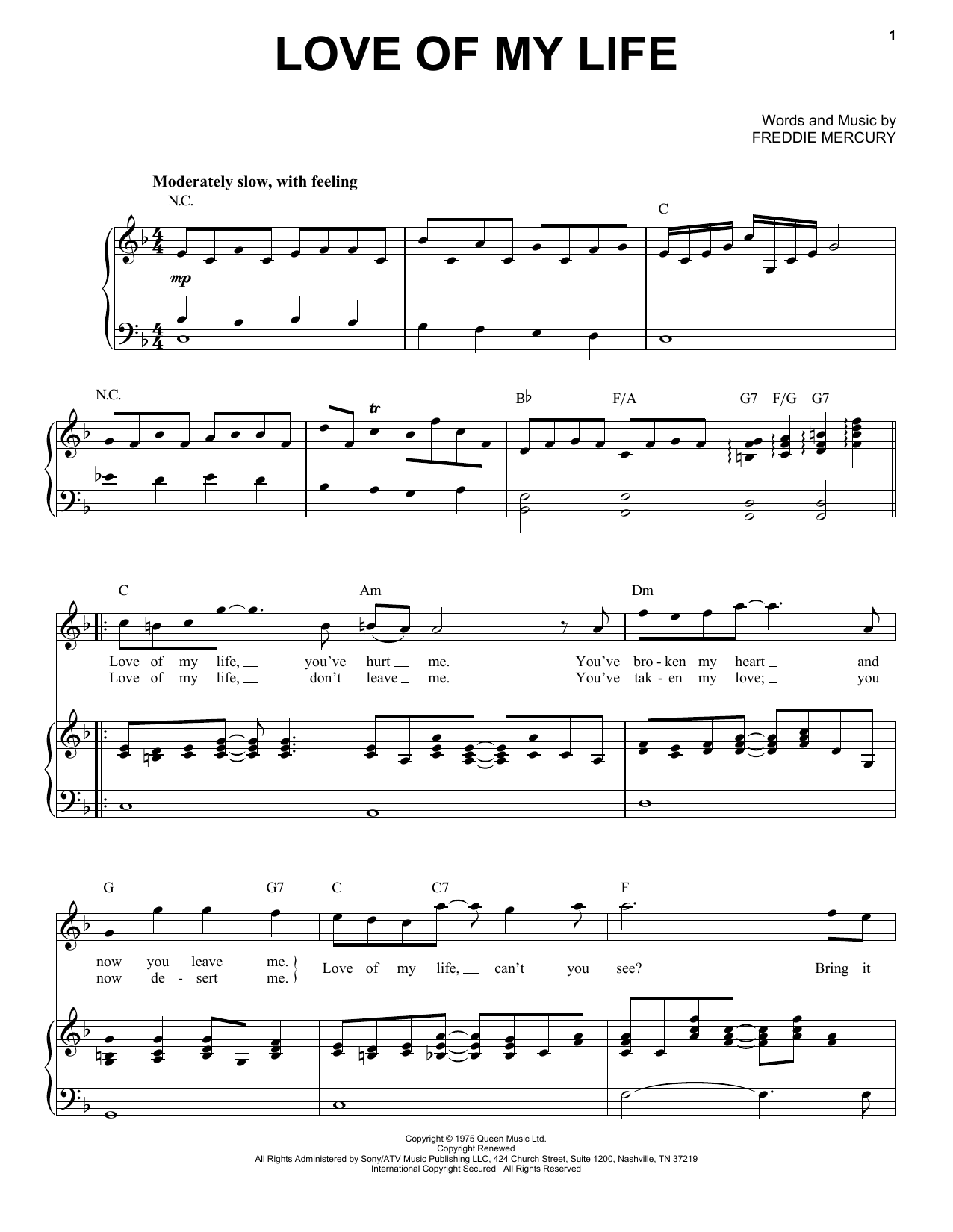 Love Of My Life Sheet Music By Queen For Piano Keyboard And Voice Noteflight Marketplace