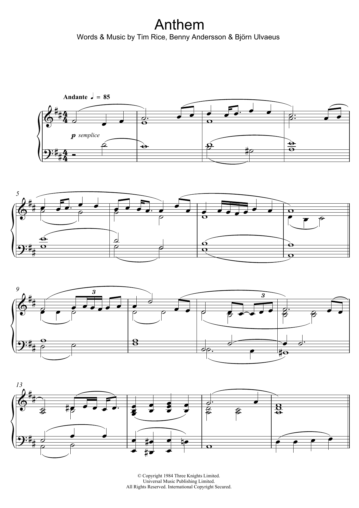 Anthem (from "Chess") Sheet Music by Benny Andersson for ...