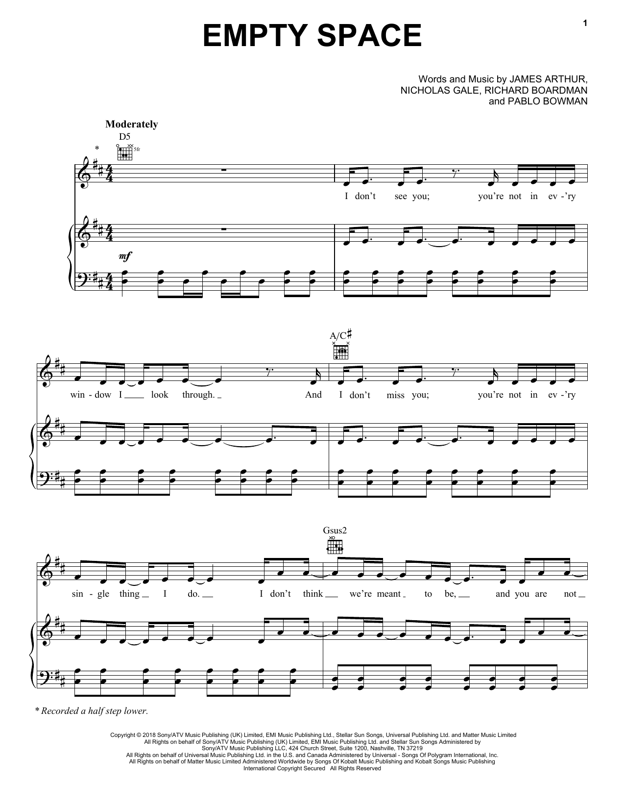 Empty Space Sheet Music By James Arthur For Piano Keyboard And Voice Noteflight Marketplace