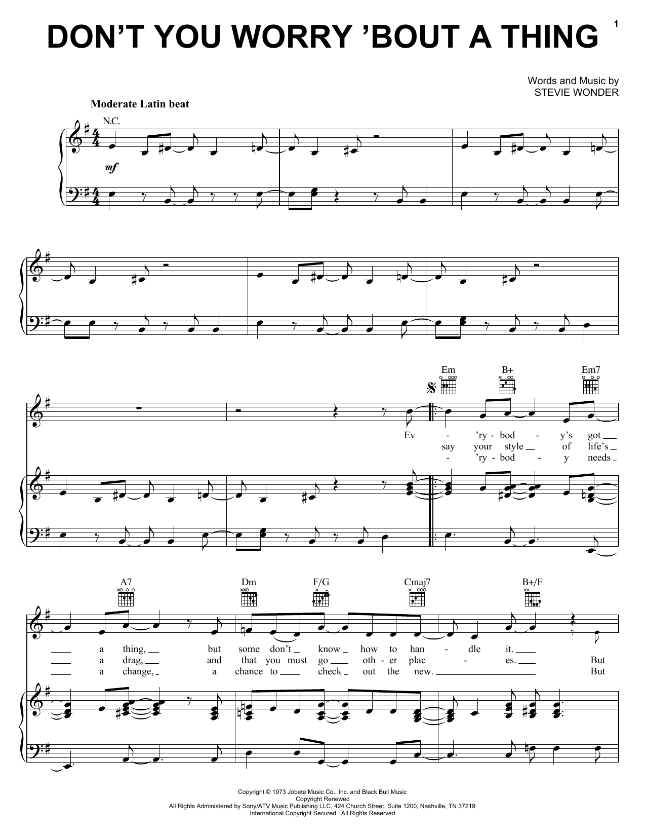 Don T You Worry Bout A Thing Sheet Music By Stevie Wonder For Piano Keyboard And Voice Noteflight Marketplace