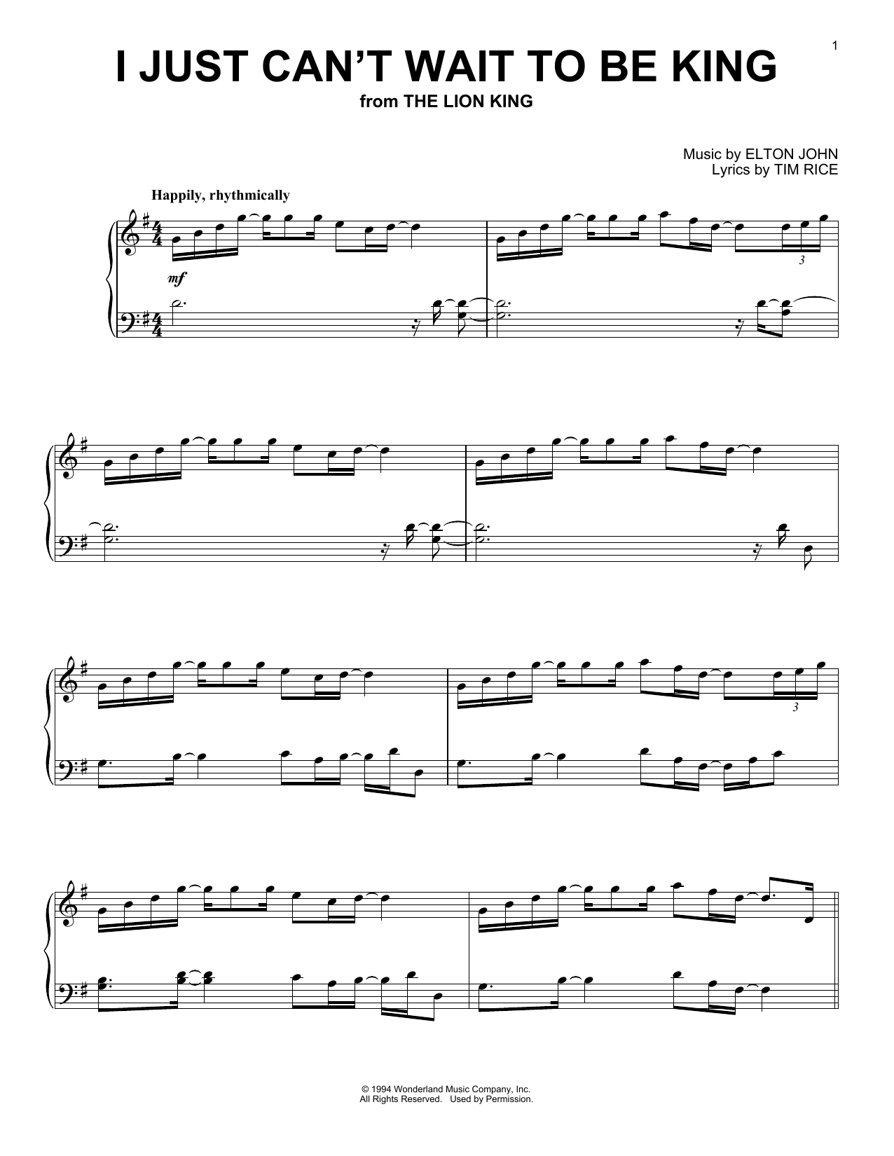 I Just Can T Wait To Be King From The Lion King Sheet Music By Elton John For Piano Keyboard Noteflight Marketplace