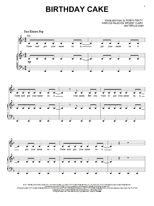 Birthday Cake Sheet Music By Rihanna For Piano Keyboard And Voice Noteflight Marketplace