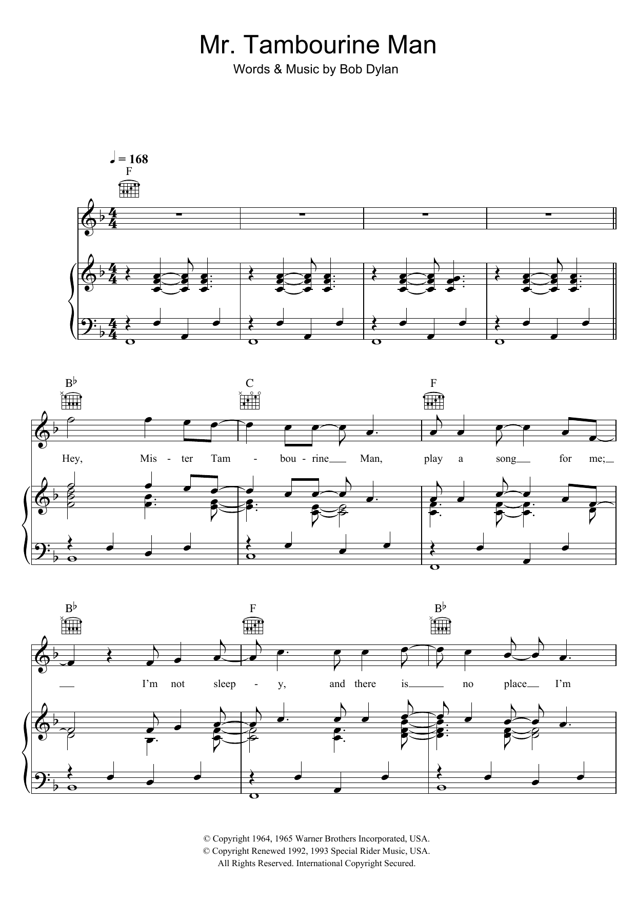 Mr Tambourine Man Sheet Music By Bob Dylan For Piano Keyboard And Voice Noteflight Marketplace
