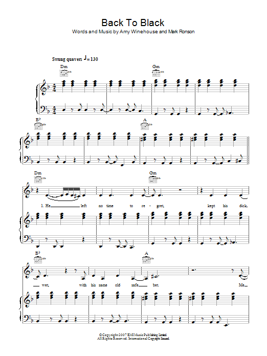 Back To Black Sheet Music by Amy Winehouse for Voice and Piano
