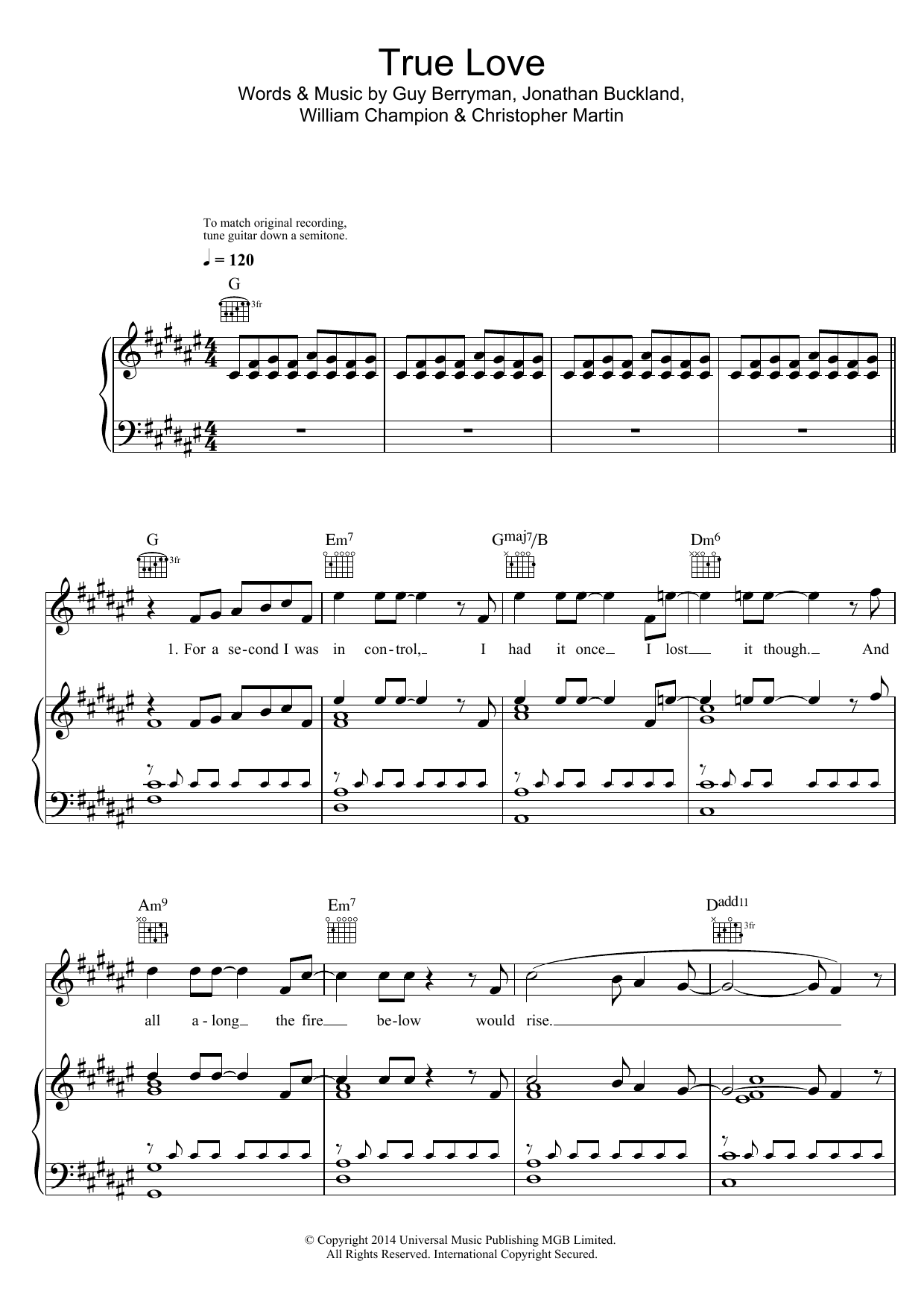 True Love Sheet Music by Coldplay for Piano/Keyboard and Voice