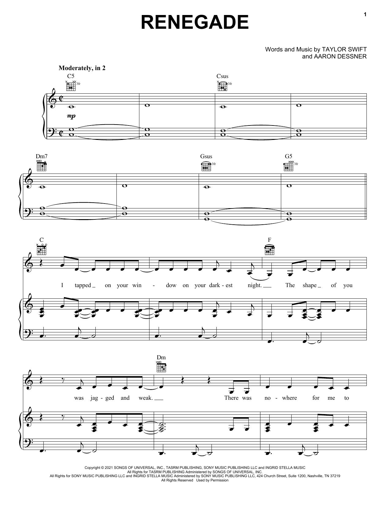 Renegade (feat. Taylor Swift) Sheet Music by Big Red Machine for