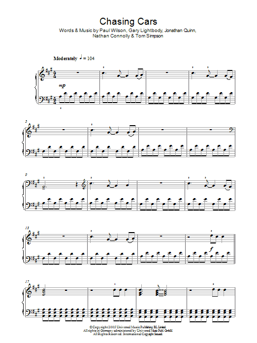 Chasing Cars Sheet Music, Snow Patrol