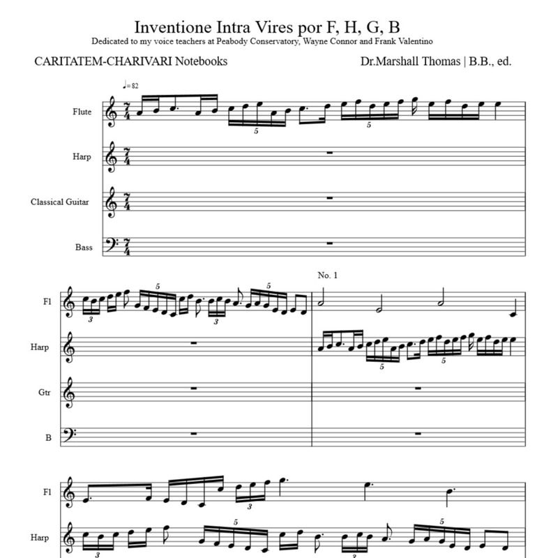 Inventione Intra Vires por Flute, Harp, Guitar, Bass Sheet Music by