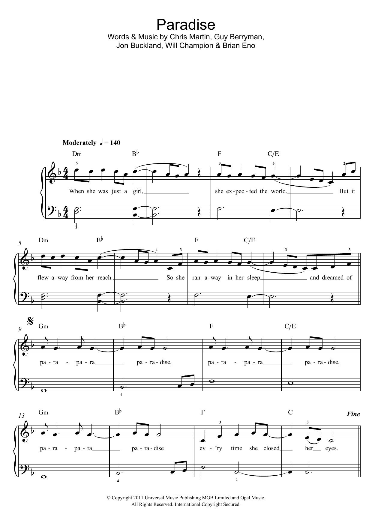 coldplay paradise sheet music easy