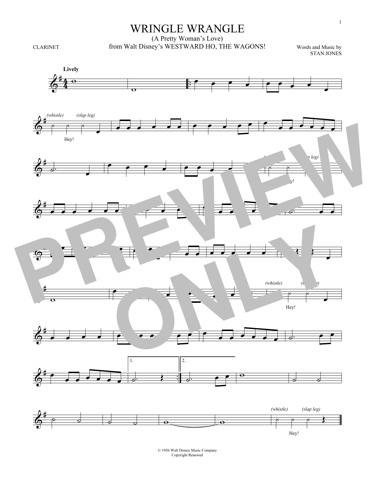Wringle Wrangle (A Pretty Woman's Love) Sheet Music by Fess Parker for  Clarinet | Noteflight