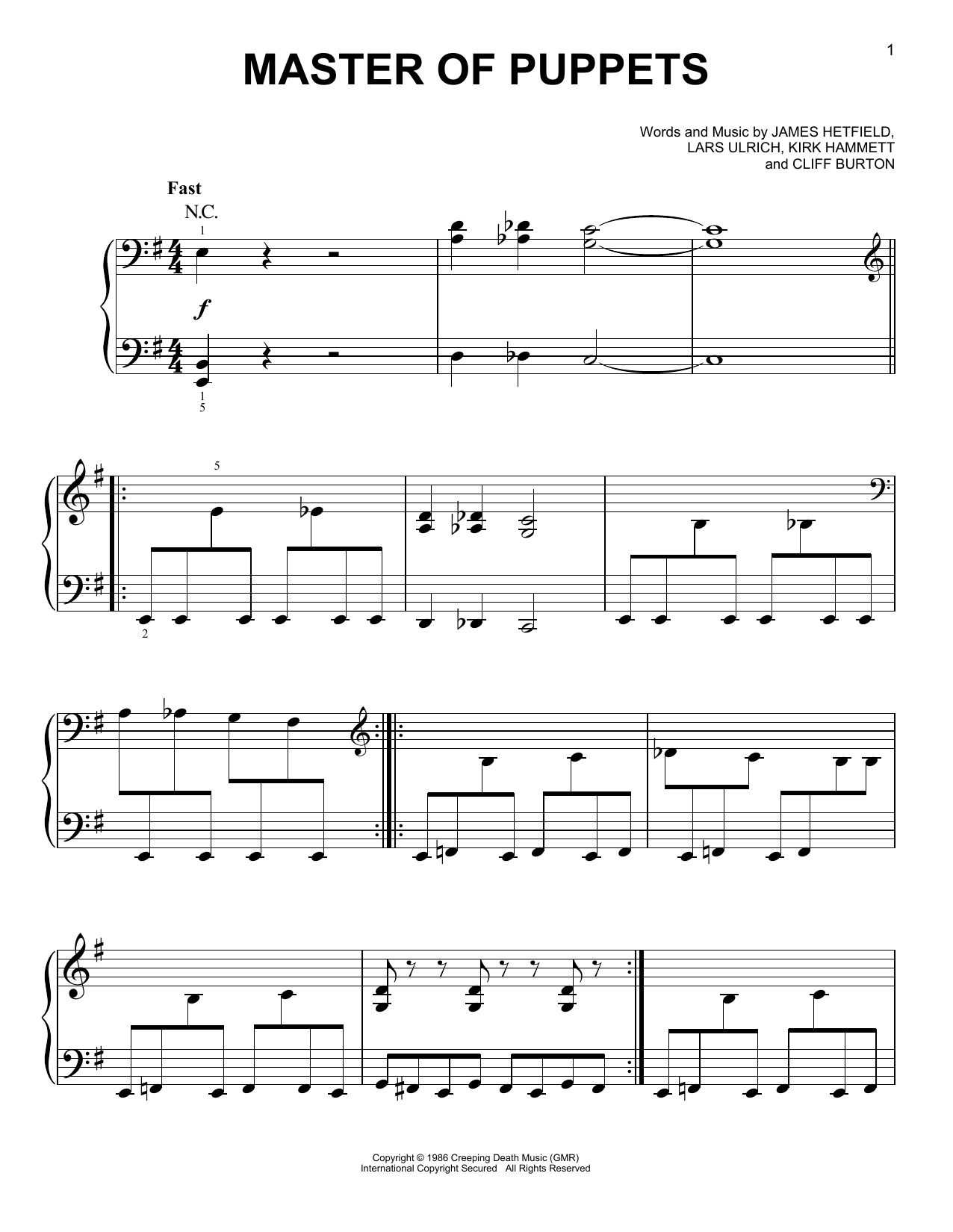 Master Of Puppets Sheet Music by Metallica for Piano/Keyboard | Noteflight