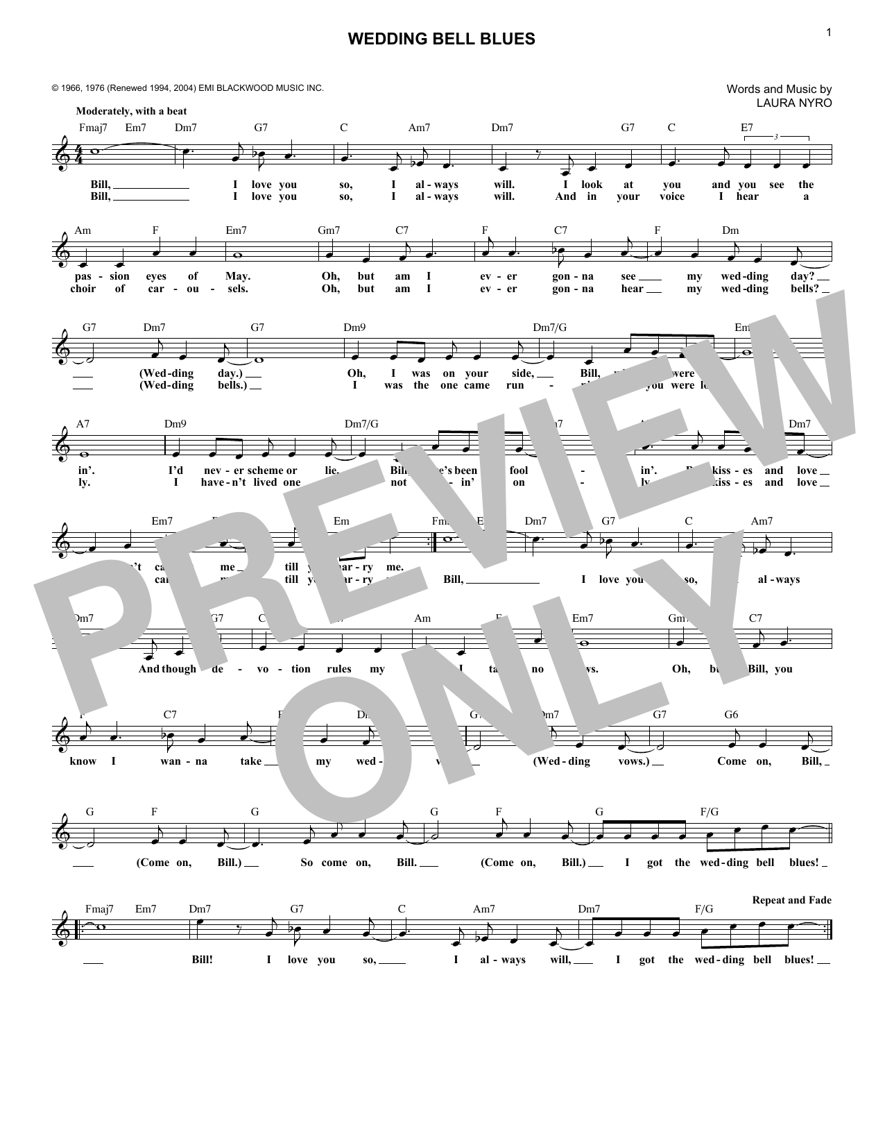 Wedding Bell Blues Sheet Music by The 5th Dimension for Voix | Noteflight