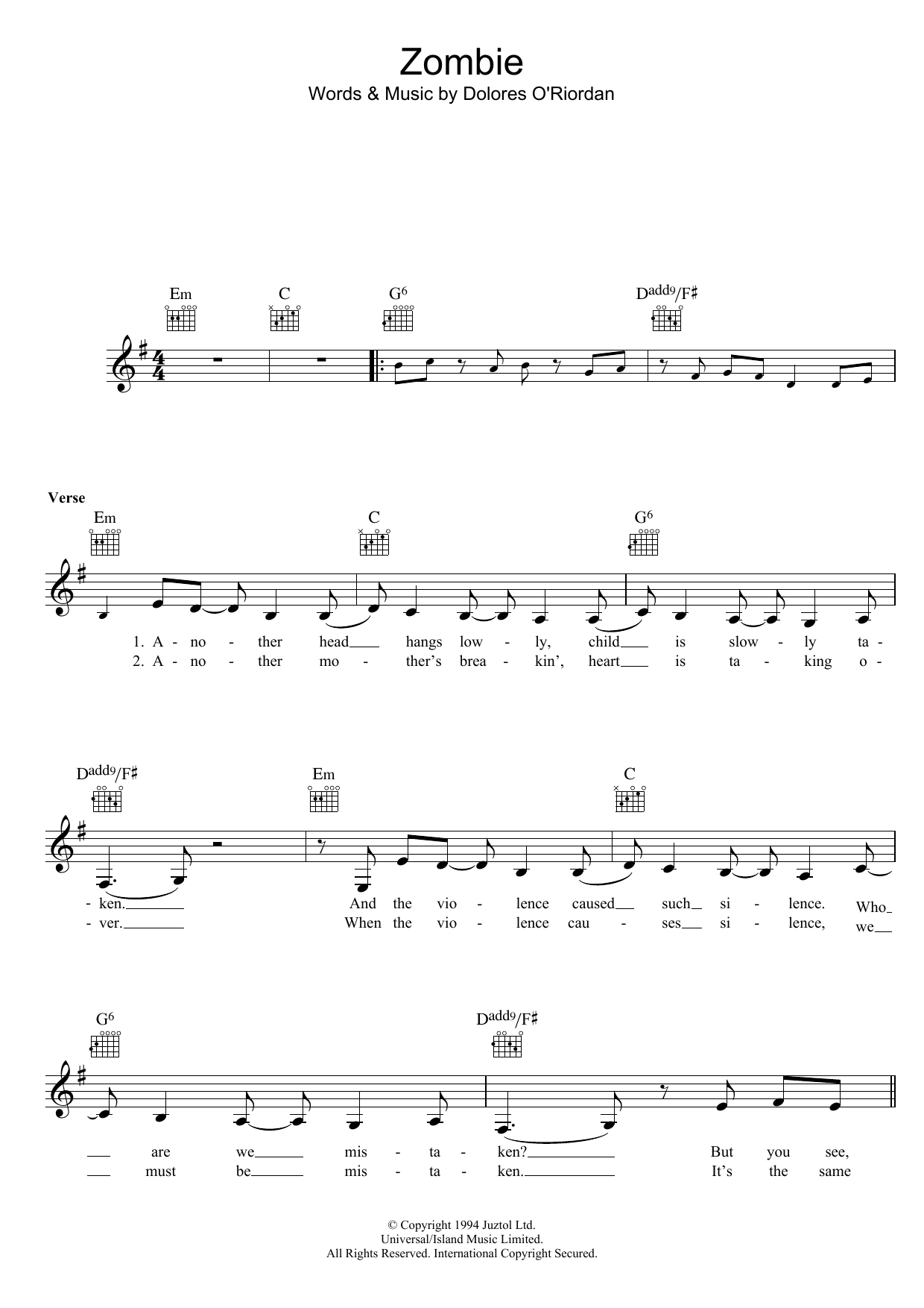Zombie Sheet Music, The Cranberries
