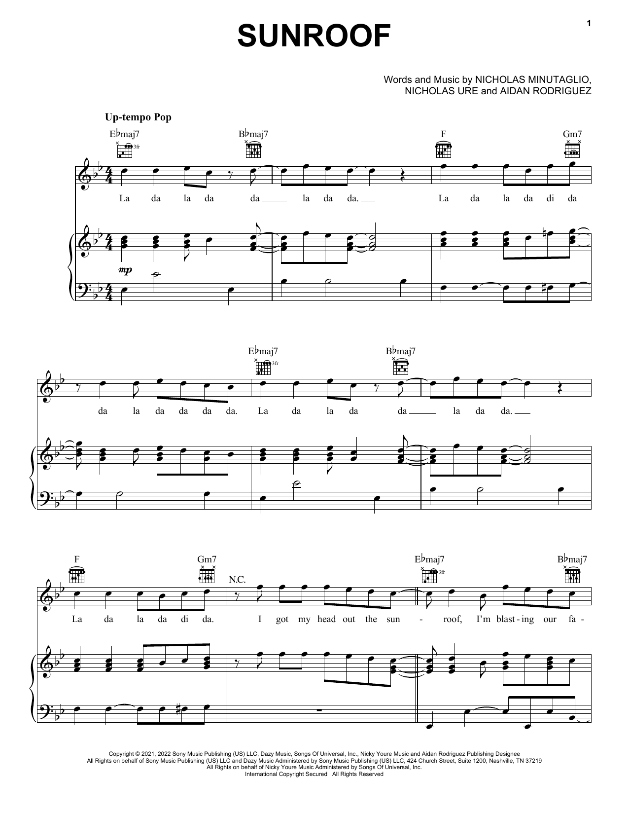 Sunroof Sheet Music By Nicky Youre & Dazy For Piano Keyboard And Voice 