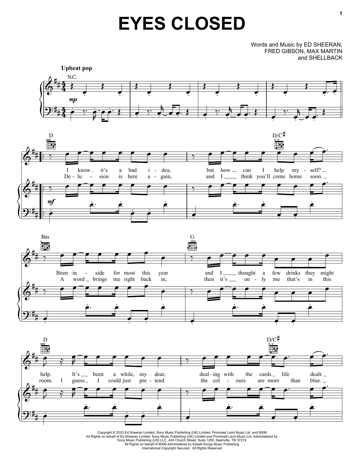 Eyes Closed Sheet Music by Ed Sheeran for Piano Vocal Guitar