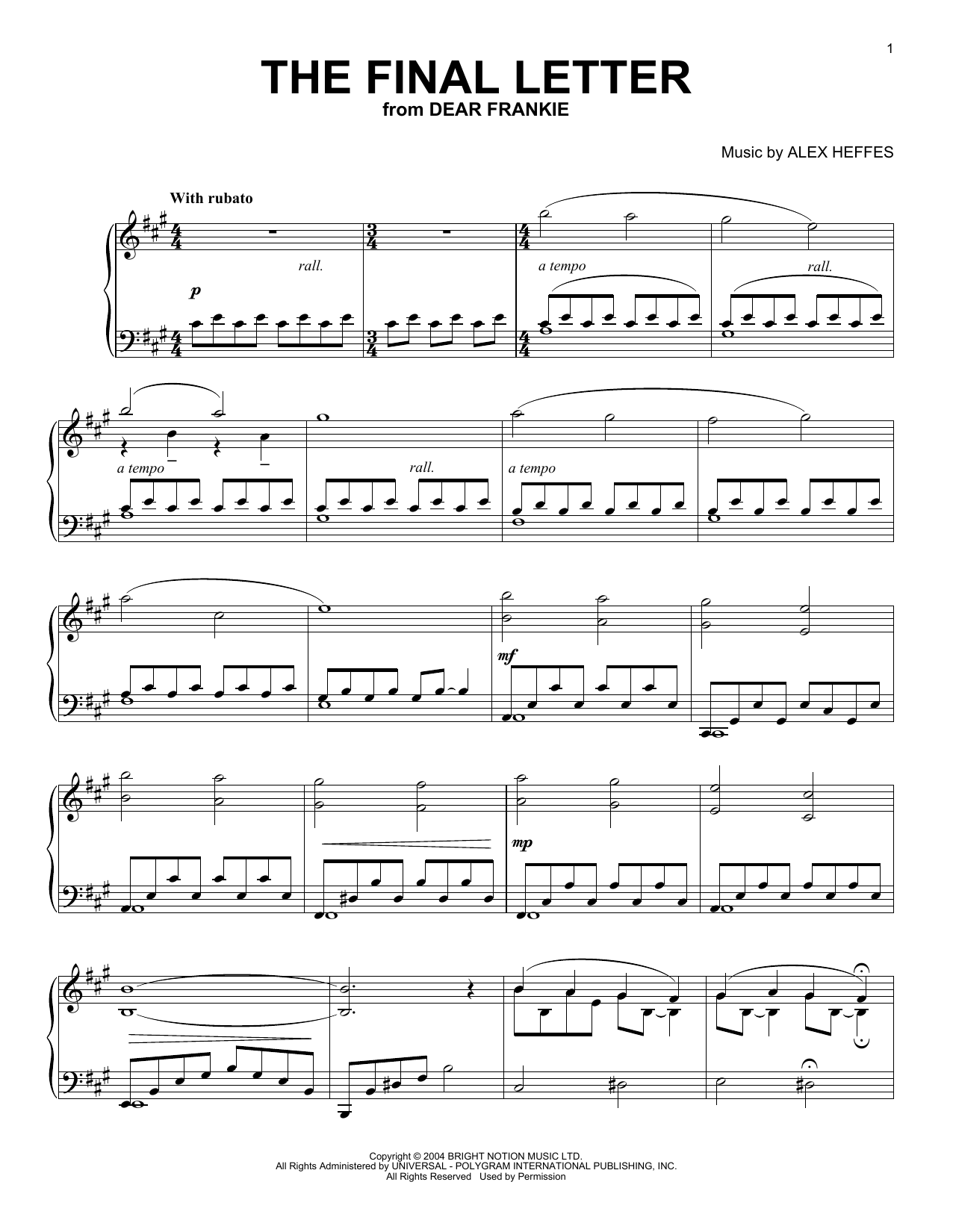 The Final Letter (from Dear Frankie) Sheet Music by Alex Heffes for  Piano/Keyboard