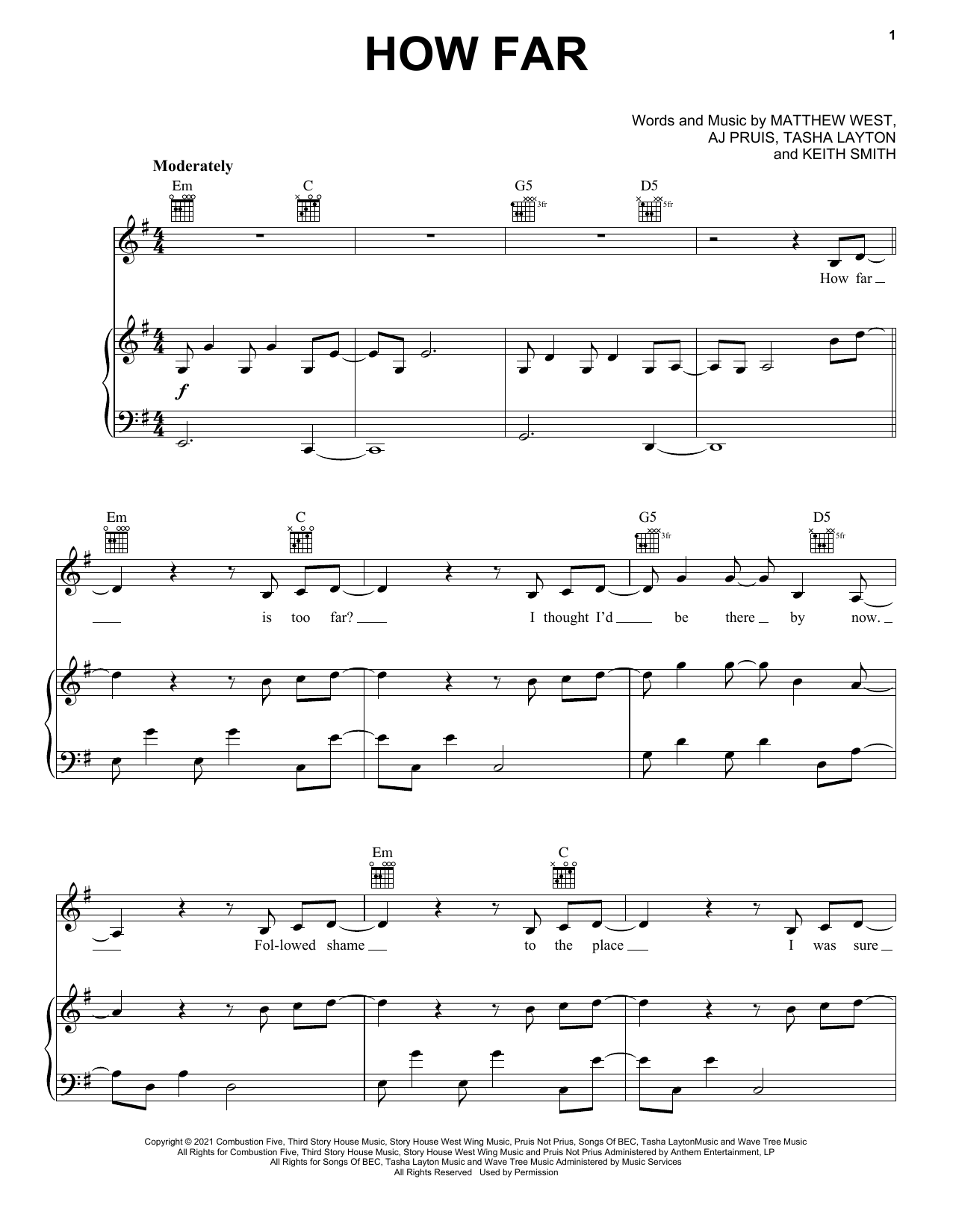 How Far Sheet Music by Tasha Layton for Piano Keyboard and Voice