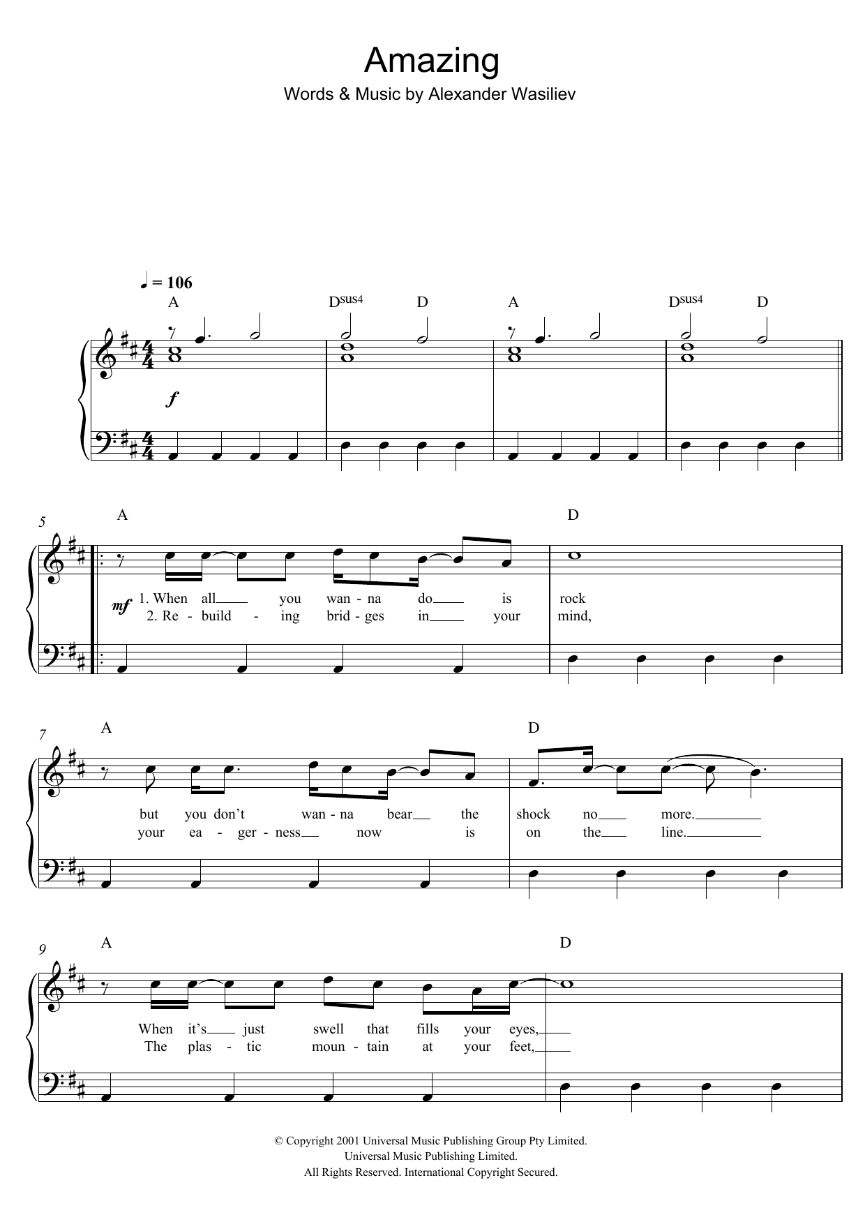 Get Amazing sheet music by Alex Lloyd as a digital notation file for Solo i...