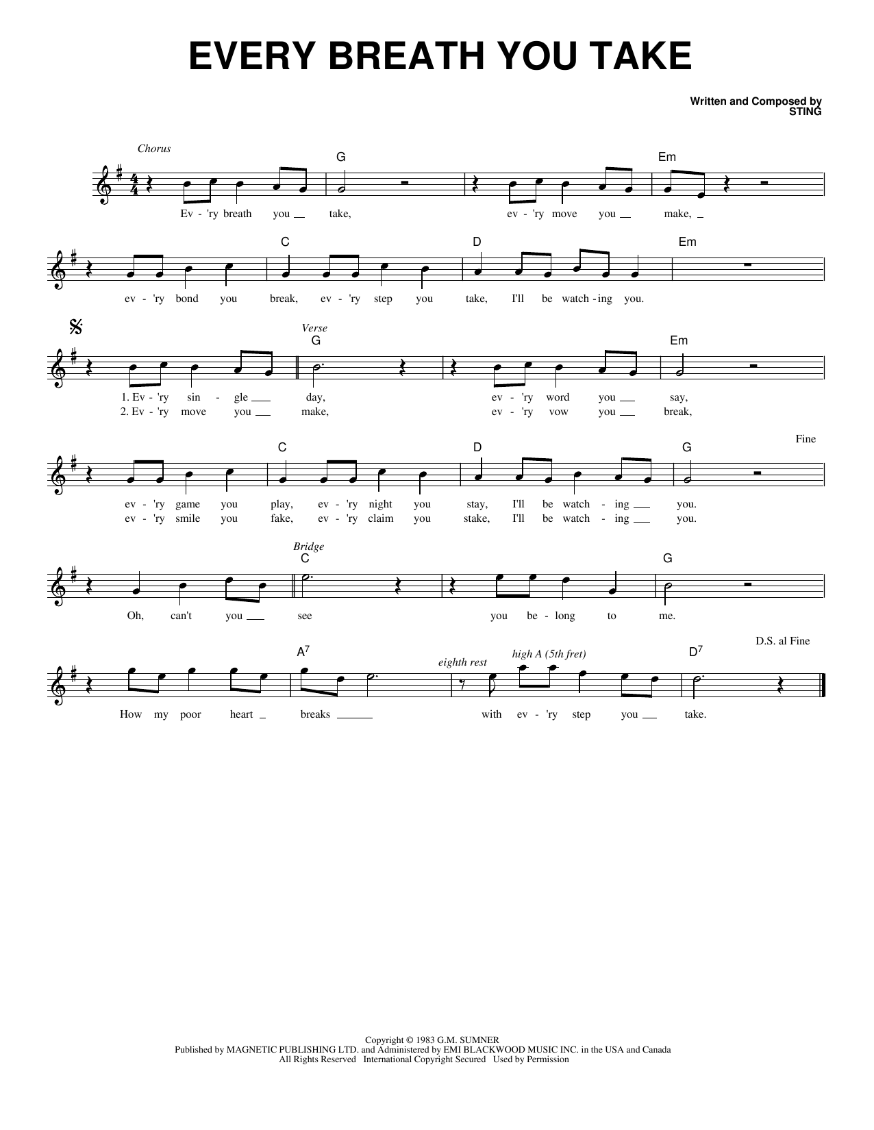 Every Breath You Take Sheet Music by The Police for Lead Sheet/Fake Book |  Noteflight