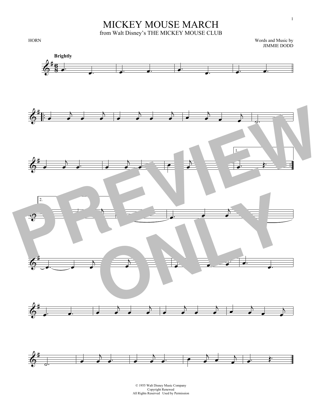 Mickey Mouse March (from The Mickey Mouse Club) Sheet Music by Jimmie Dodd  for French Horn | Noteflight